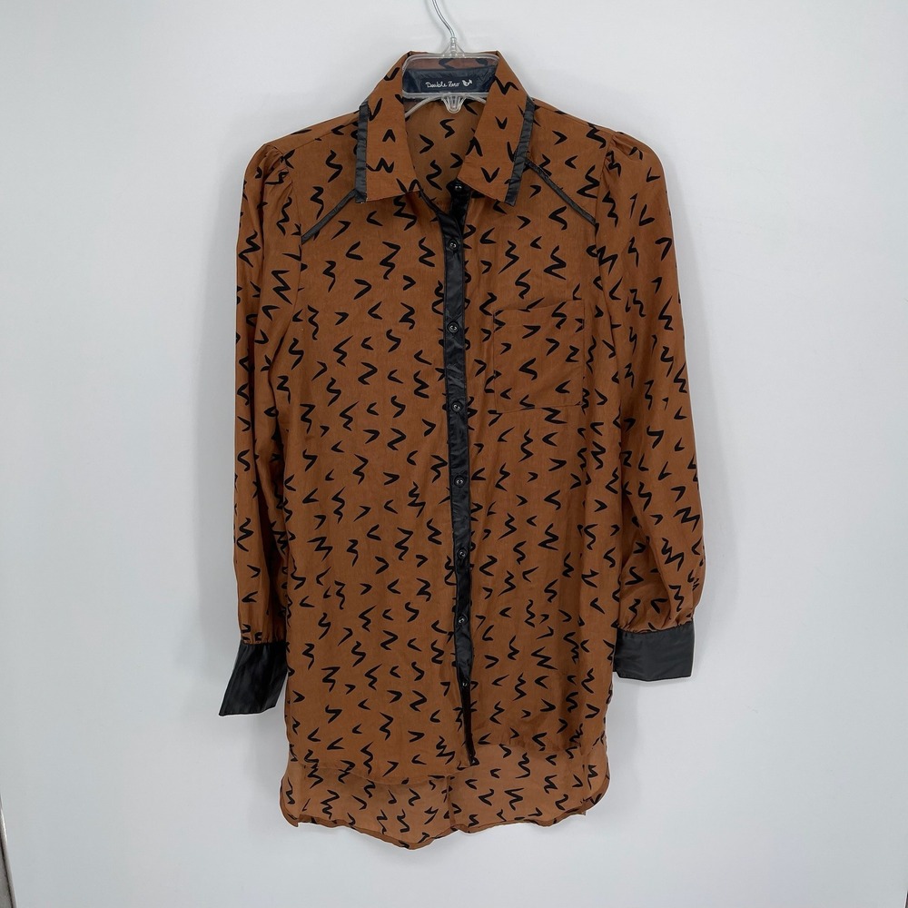 Double Zero Women's Brown Faux Leather Trim Abstract Button‎ Front Shirt Size S
